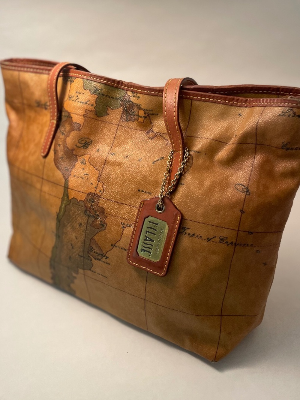 Alviero Martini 1a Classe Geo Map Print Tote Shoulder Bag Tan Brown Pre-Owned